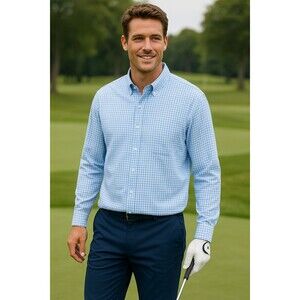 Lands' End‎ Baird McNutt Mens XL 17 x 17.5 Blue White Gingham Irish Linen Shirt